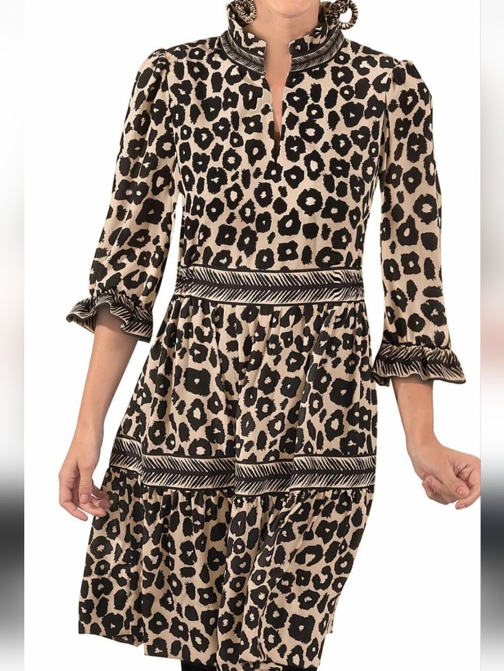 Gretchen Scott Designs Beige and Black Leopard Print Midi Dress